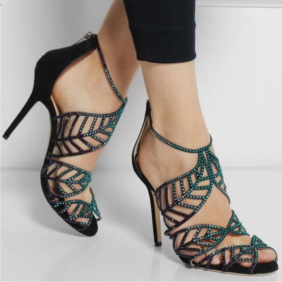 Jimmy Choo Shoes - Jimmy Choo Kallai Leaf Sandal Heels Embellished Crystal Designer Sz 40